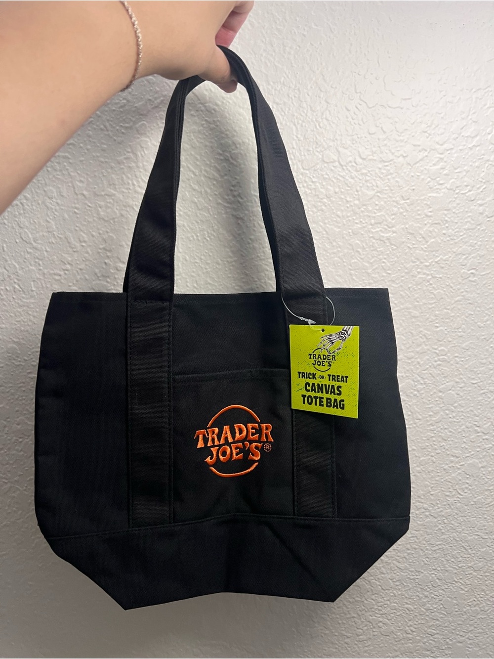 NWT Trader Joe's Trick or Treat Black Mini Canvas Tote Bag with Orange Logo
